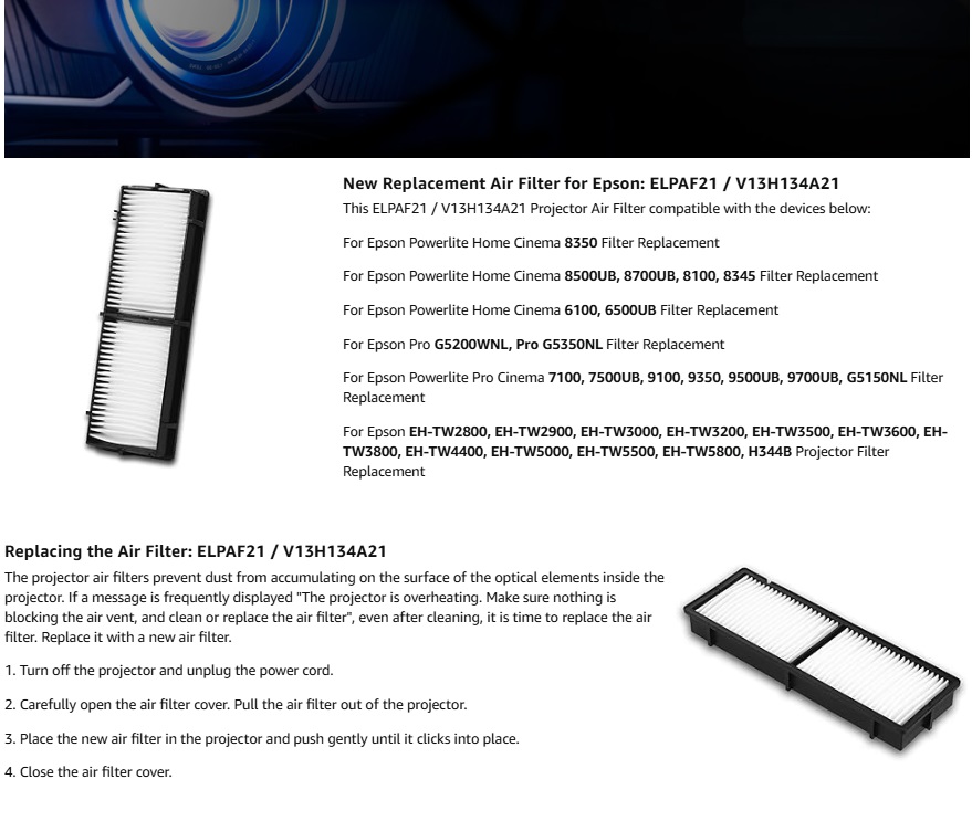 Filter Udara ELPAF21 Pengganti - Home Cinema Epson ulasan dan harga